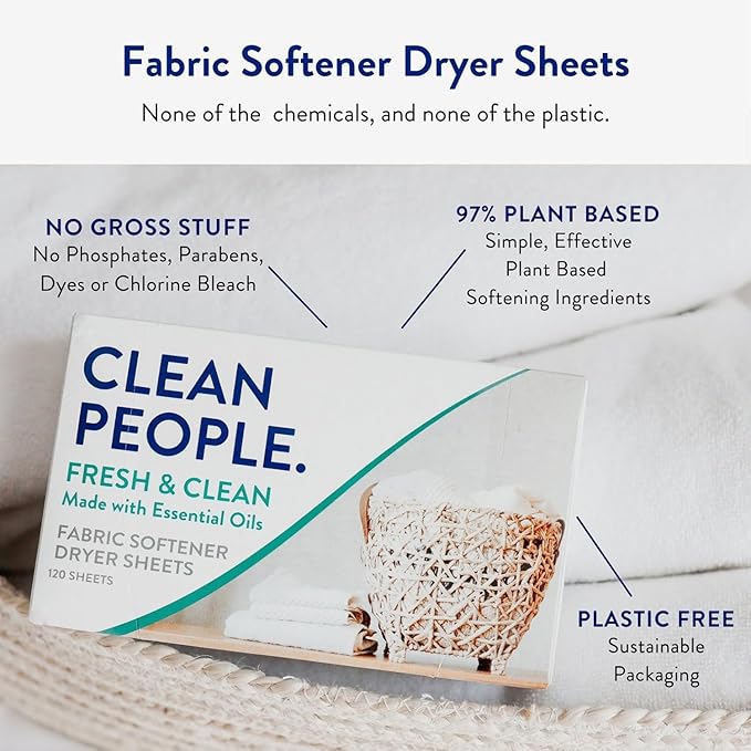 The Clean People Fabric Softener Sheets - Dryer Sheets - Softens & Removes Static Cling - Vegan Laundry Softener With Essential Oils - Fresh Scent, 120 Pack