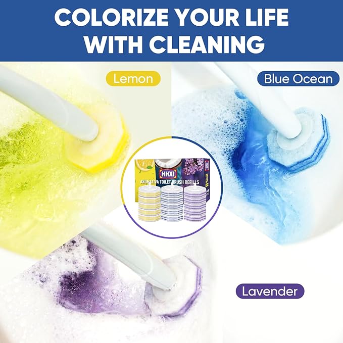 30Ct Aromative Toilet Brush Refills, Toilet Bowl Cleaner Refills, Double-Layer Cleaning Pads Added, Disposable Refill Heads for Toilet Bowl Cleaner Wands，Lemon, Blue Ocean, Lavender （Patented）