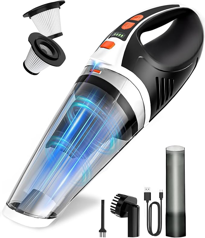 Handheld Vacuum Cordless, Car Vacuum Cleaner with Powerful Suction, 2 Modes Mini Hand Vacuum, Dry & Wet, LED Light, Portable Vacuum for Car Pet Hair, Home, Office, Keyboards Black Orange