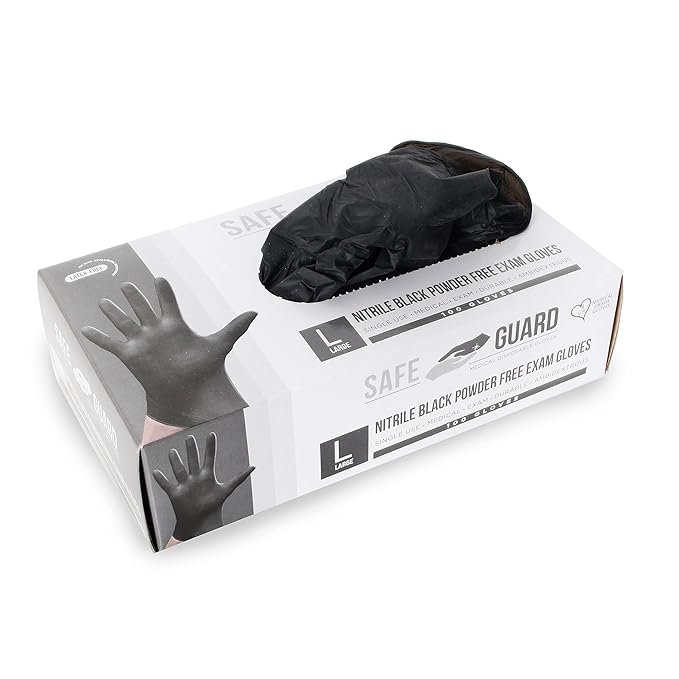 Safeguard, Nitrile Disposable Gloves, Powder Free, Industrial Grade Gloves, Latex Free, Dispenser Pack, Extra Large Size,Black, 100 Pc
