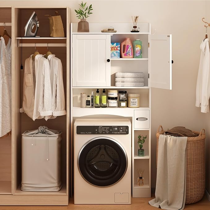 Ahomly Over The Toilet Storage Cabinet, 32.3" W x 70.3" H Over Toilet Bathroom Organizer with Doors, Adjustable Shelves, Toilet Paper Holder, 2 Side Hooks, Space-Saver for Bathroom, Laundry, White