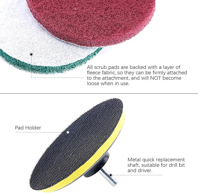Swpeet 16Pcs 5Inch 3 Different Color Scrubbing Pads Drill Powered Brush Tile Scrubber Scouring Pads Cleaning Kit, Abrasive Buffing Pads Replacement with 1 Pcs Hook Attachment for House Cleaning