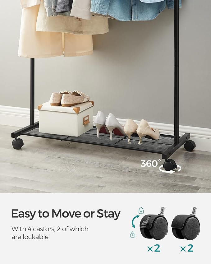 SONGMICS Clothes Rack with Wheels, Clothing Rack for Hanging Clothes, 25.4 mm Metal Garment Rack with Dense Mesh Storage Shelf, 110 lb Load Capacity, 2 Brakes, Black UHSR25BK