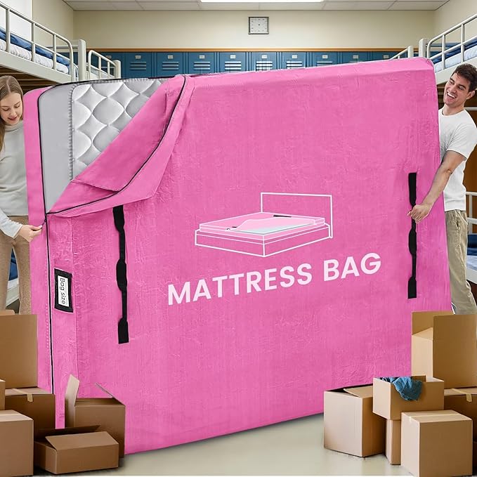 Mattress Bags for Moving and Storage, BETU Twin Mattress Protector Waterproof Mattress Cover with 8 Heavy Duty Handles and Zipper Extra Thick Moving Supplies for Dorm Bed Reusable (77x42x13.5 Pink)