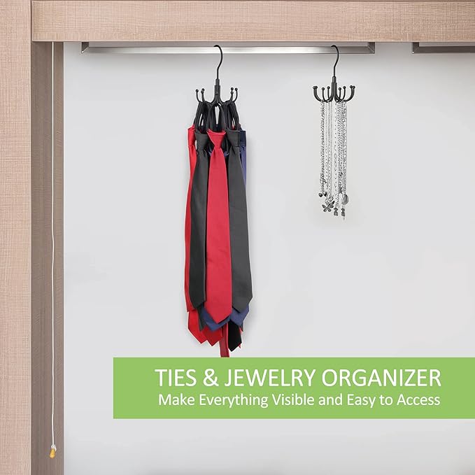 Belt Hanger, 2 Pack Rotatable Belt Organizer Rack for Closet Sturdy Max 48 Belts Storage with 16 Hooks, Hanging Space Saving Closet Organizers for Belts Holder, Black