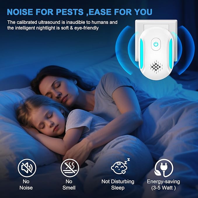 [2025 Upgraded] Ultrasonic Insect & Pest Indoor Repeller, Plug-in Control Electronic Repellent for Roach, Mouse, Rodent, Bugs, Mosquito, Spider, Mice, Ant, 2 Mode Switching (6 Pack)