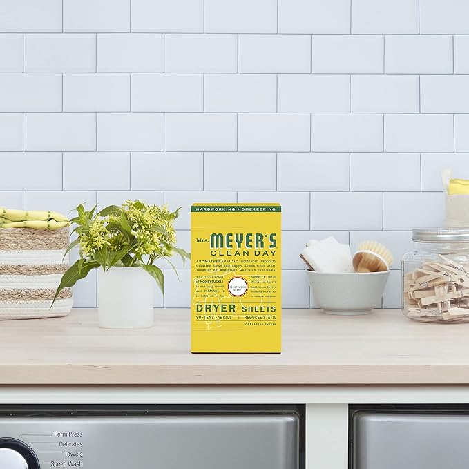 MRS. MEYER'S CLEAN DAY Dryer Sheets,Fabric Softener,Reduces Static,Infused with Essential Oils,Honeysuckle,80 Count (Pack of 12)