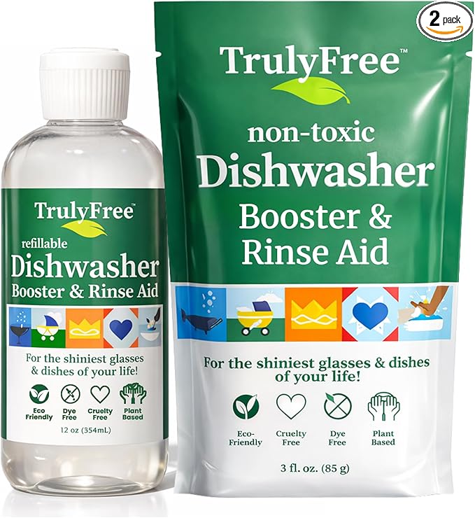 Truly Free Natural Dishwasher Booster & Rinse Aid - Non-Toxic Dishwashing Aid Formula, Removes Residue & Tough Dish Stains, Water Spot Remover - Includes: 1 Reusable Empty 12 oz Bottle & 1 Refill