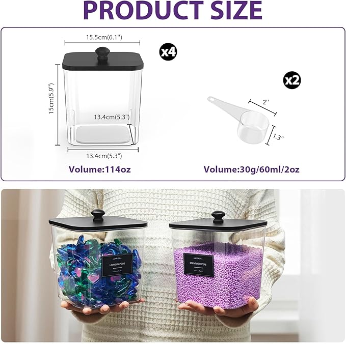 COAZEX 4 Pack Clear Laundry Pods Container, Plastic Square Laundry Room Organization and Storage Jars with Black Lids, Scoops & Labels for Detergent, Powder, Dryer Balls