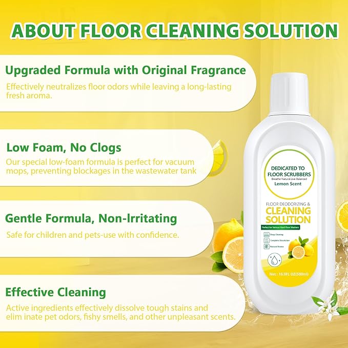 Floor Cleaning Solution Compatible with Tineco – Lemon Floor Cleaner – Long-Lasting, Zesty Scent – For All Cordless Wet/Dry Vacuum Mop Cleaner & Robot Vacuums with Mopping (2 Bottle)