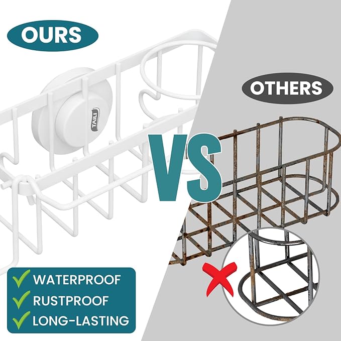 TAILI 4-in-1 Sponge Holder for Kitchen Sink with Strong Suction Cup Removable, Rustproof Stainless Steel Sink Caddy for Sponge, Brush, Scrubber, Scraper -White