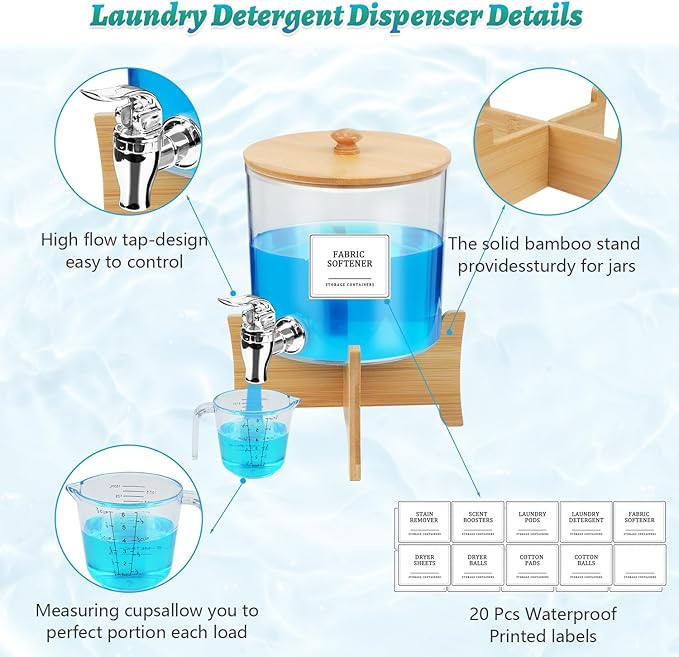 2*Laundry Detergent Dispenser with Shelf & Bamboo Lid - 158 Oz Liquid Detergent, Laundry Soap & Fabric Softener Dispenser for Laundry Room Organization and Storage with 2 Cups & 20 Labels