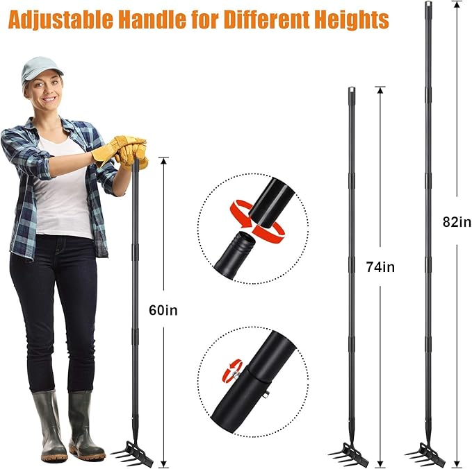 Hoe Garden Tool - 2 in 1 Stirrup Action Hoe & Rake,Heavy Duty Weeding & Cultivating Tool,Adjustable Long Handle (36”-74”),Sharp Carbon Steel Blade for Effortless Gardening