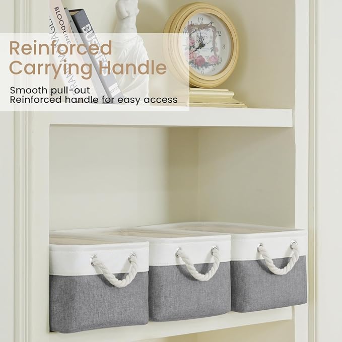 Storage Baskets for Shelves 13.8x9.8x6.7 Inch-Foldable Fabric Organizing Storage Bins with Handles, Closet & Bathroom Organizer, Home Storage for Kitchen, Office (3-Pack, White&Gray)