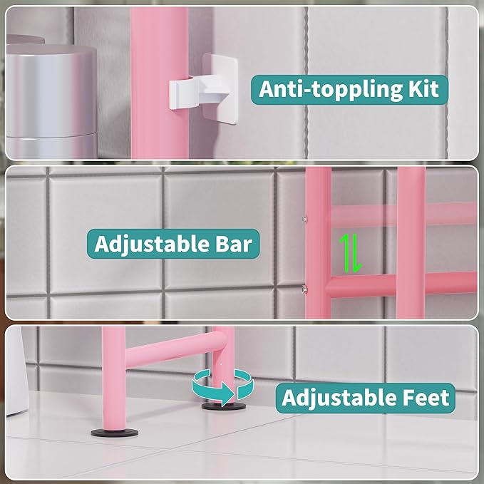 3-Tier Over The Toilet Storage Organizer, Space-Saving Bathroom Rack with Paper Holder & 4 Hooks, 64" Tall Freestanding Carbon Steel Shelf for Small Apartment Laundry Room (Pink)