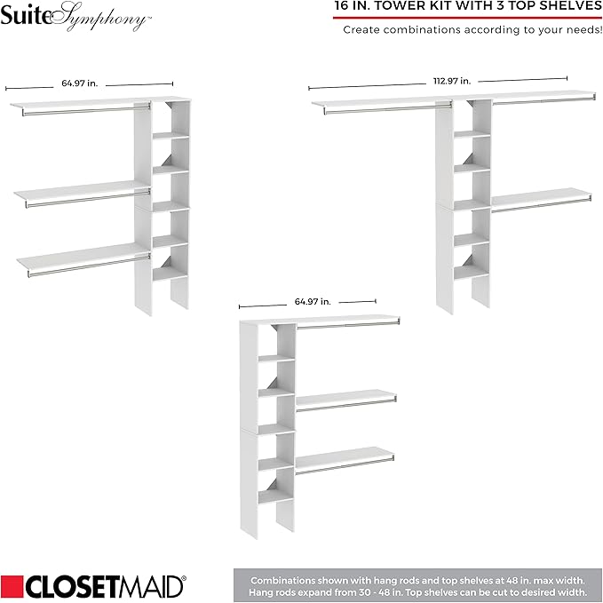 ClosetMaid SuiteSymphony Wood Closet Organizer Kit with Tower, 3 Hang Rods, Top Shelves, Adjustable, Fits Spaces 5-9 ft. Wide, Graphite Grey