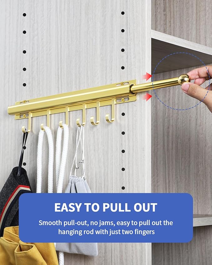 BaiNong 16.5 inch Valet Rod for Closets Pull Out Closet Valet Rod Slide Out Extra long Gold Valet Rods for Closets With 6 Hooks