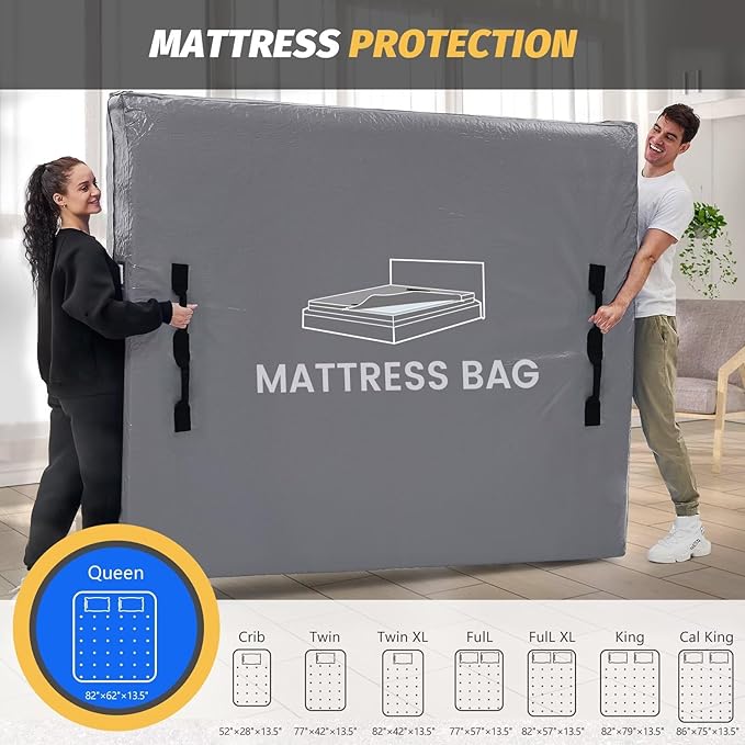 Mattress Bags for Moving and Storage, BETU Full Size Waterproof Mattress Protector Mattress Cover with 8 Heavy Duty Handles and Zipper Extra Thick Moving Supplies for Bed Reusable (77x57x13.5 Grey)