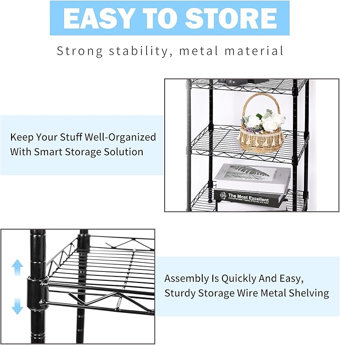 SUNLPH 5-Tier Wire Shelving Adjustable Shelves Unit Metal Storage Rack for Laundry Bathroom Kitchen Pantry Closet Organization (Black, 16.6" L x 11.4" W x 49.1" H)