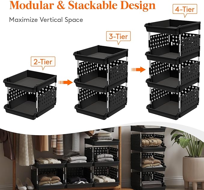 Lifewit Plastic Stackable Storage Baskets, 4 Tier Stacking Bins for Food and Clothes, Multifunctional Organizer for RV, Kitchen, Playroom, Pantry, Black, 35 x 30 x 72 cm/14 x 12 x 28 inch, 2 Pack