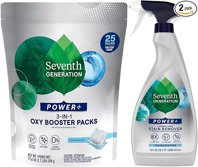 Seventh Generation Stain Remover Bundle – Power+ Laundry Spray + 3-in-1 Oxy Booster Packs, Plant-Based Formulas, Fragrance-Free (2 Piece Set)