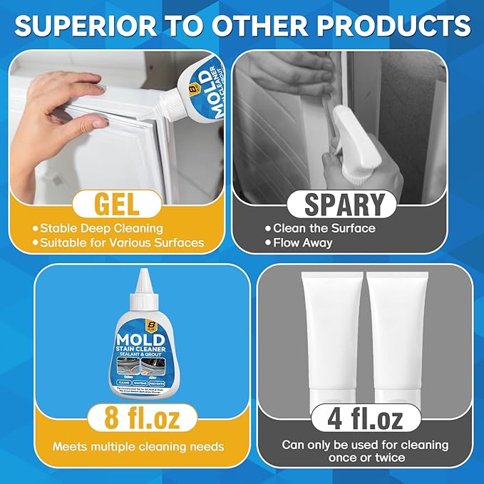 Mold Stain Cleaner, 8 Floz Washing Machine Cleaner Gel with Brush, Household All-Purpose Cleaner Highly Effective in Penetrating for Grout, Fridge, Bathroom, Shower, Front Load Washer, Tile Bathtub