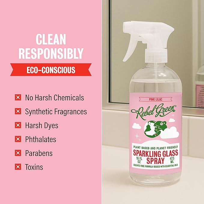 Rebel Green Sparkling Glass Spray - Streak-Free Natural Glass Cleaner for Windows, Mirrors, and Surfaces - Pink Lilac Scent - 16 oz - 2 Pack