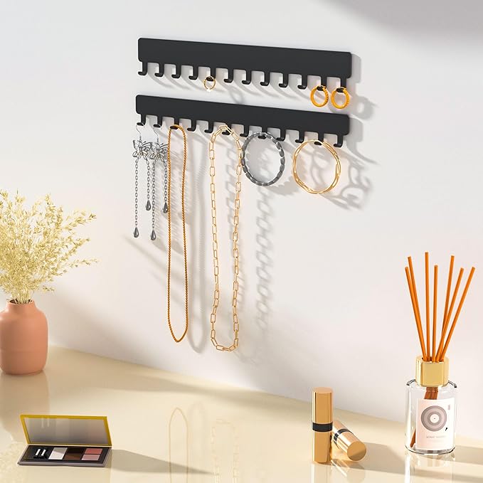 Necklace Holder - Hanging Jewelry Organizer, Self-Adhesive, Wall Mount, 2 PCS, Black