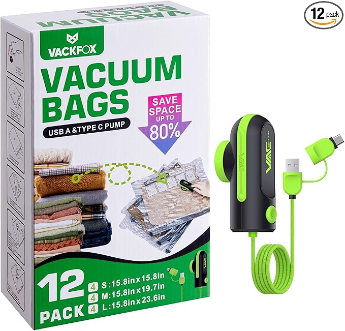 12 Pack Vacuum Bags for Travel with USB & TYPE C Pump,Compression Packing Cubes for Luggage,Carry-on Space Saver Vacuum Seal Bags&Vacuum Storage Bags for Vacation(Green)