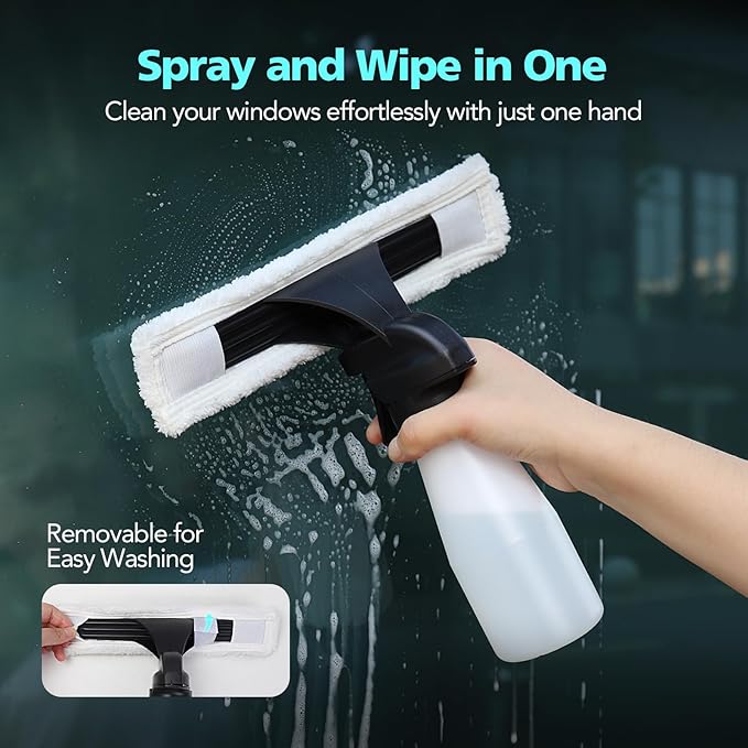 Window Vacuum Cleaner Kit Cordless, 35Min Runtime & 2 Suction Nozzles Cleaning Tool, All-in-One Electric Squeegee Spray Kit for Streak-Free Windows Washing, Shower Glass, Mirrors,Car
