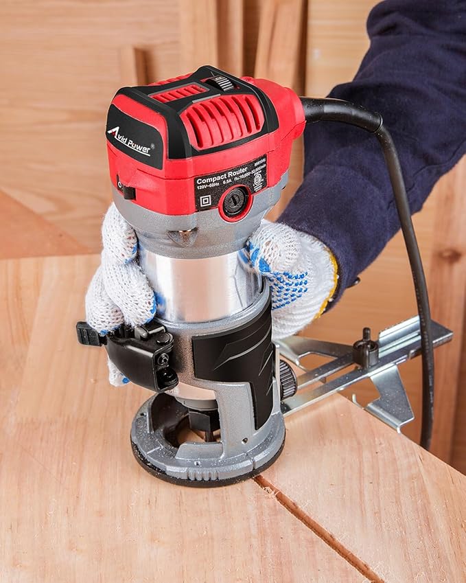 AVID POWER 6.5 Amp 1.25 HP Compact Router Tools for Woodworking, Fixed Base Wood Router with Trim Router Bits, 6 Variable Speeds, Edge Guide, Roller Guide, Dust Hood (Red, 65mm)