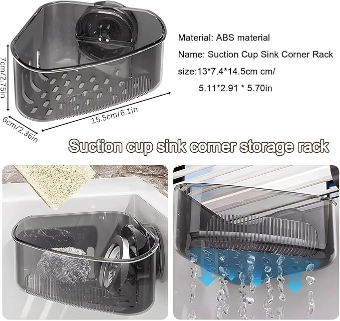 2PCS Sink Organizer Rack for Kitchen for Sponges, Scrubbers, Sink Corner Drain Box,with Adhesive Suction Cup Mount(Black)