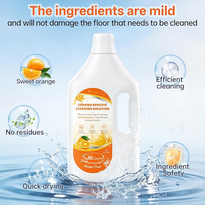 Floor Cleaning Solution Orange Scent, Compatible with Roborock Cleaning Solution Quick Drying Without Residue Suitable for All Robot Vacuums and Wet Dry Dual-Use Vacuum Cleaners (1 L, Orange)