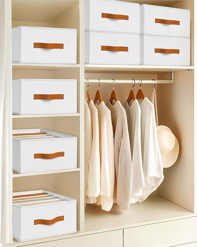 Homsorout Clothes Organizers and Storage - 4/5/7 Grids Fabric Jeans Organizer with Handles, Foldable Closet Organizers Dividers, Wardrobe organizer for Pant, Sweater, T-shirt, Scarf, 6 Pack, White