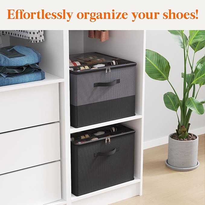 Lifewit 6 Pack Shoe Storage Organizer for Closet, Large Shoe Box Storage Containers with Clear Cover, Foldable Storage Bins Fit for Boots Fits 72-96 Pairs (Each 12-16 Pairs) Gray and Black