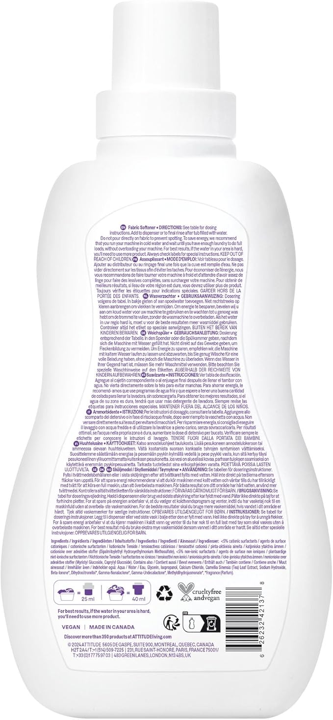 ATTITUDE Baby Fabric Softener, Hypoallergenic, Non-toxic, ECOLOGO Certified, Fluid Ounce, 40 Loads 33.8 Fl Oz Sweet Lullaby (42137) (Pack of 2)