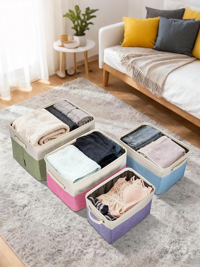 BALEINE 2 Pack Fabric Storage Bins for Shelves, Linen Storage Baskets for Organizing, Decorative Closet Bins for Clothes, Home (Pink, 17''x13''x10.5'')