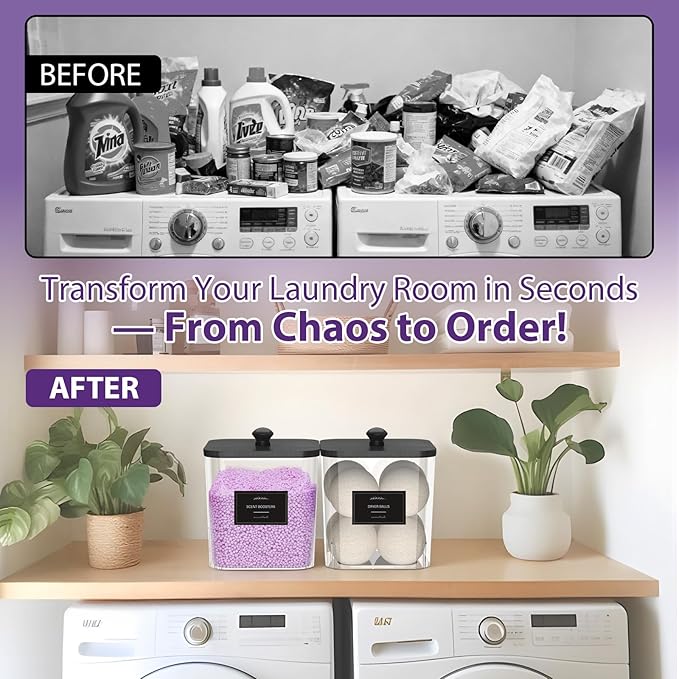 COAZEX 2 Pack Clear Laundry Pods Container, Plastic Square Laundry Room Organization and Storage Jars with Black Lids, Scoops & Labels for Detergent, Powder, Dryer Balls