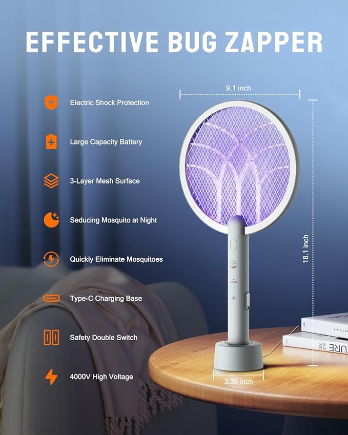 Electric Fly Swatter Racket, Mosiller 2 in 1 Smart Bug Zapper & Power Take Off Generators with USB Rechargeable Base, Powerful Mosquitoes Trap Lamp & Fly Killer for Home, Bedroom (Light Grey（1 Pack）)