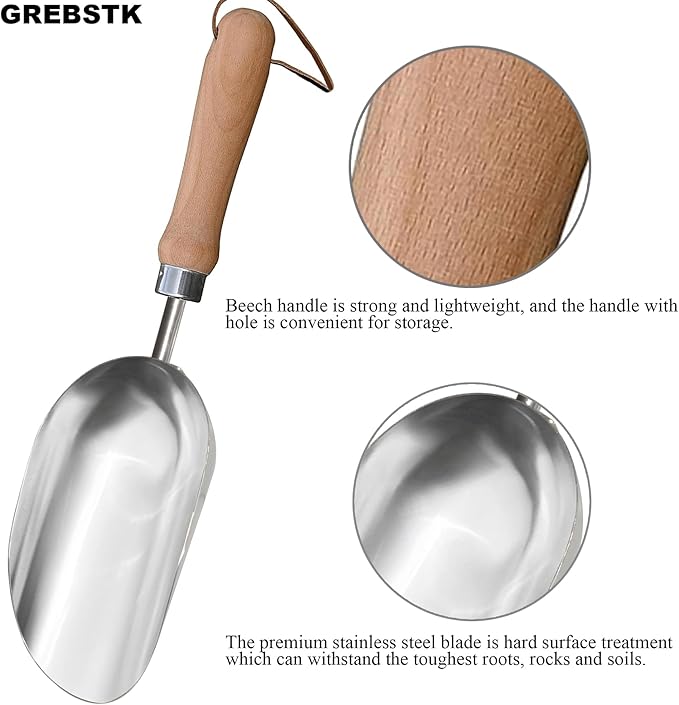 GREBSTK 13.2IN Hand Large Capacity Stainless Steel Ice Scoop Soil Shovel Stainless Steel Gardening Trowel for Ice Machines, Buckets, Dog Food, Flour, and Canisters – Ideal for Bar, Garden, Parties