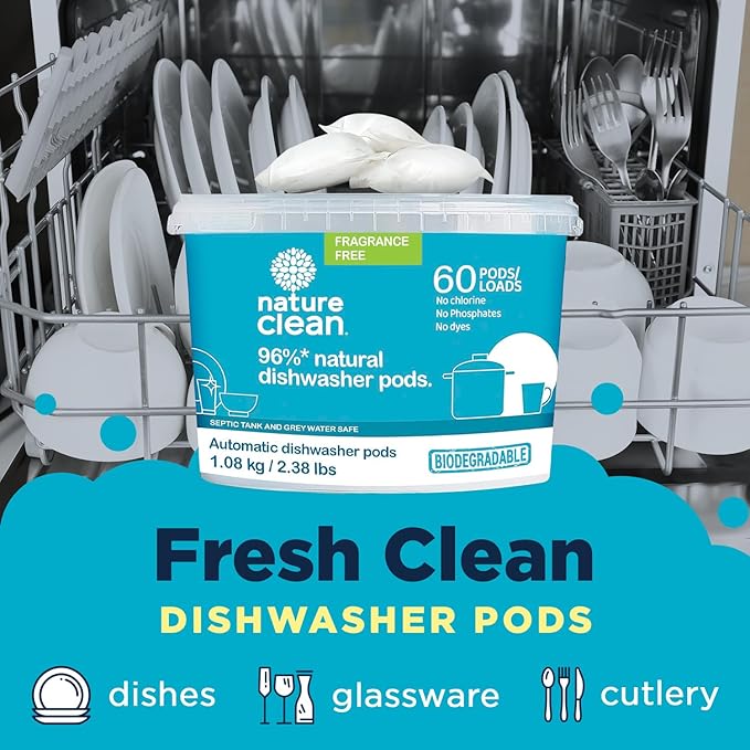 Nature Clean Non Toxic Dishwasher Detergent Pods, Plant-Based Dishwashing Pods, Non-Toxic & Unscented Dish Pods, Tough on Grease, Eco-Friendly Cleaning Power, 60 Count, Pack of 4