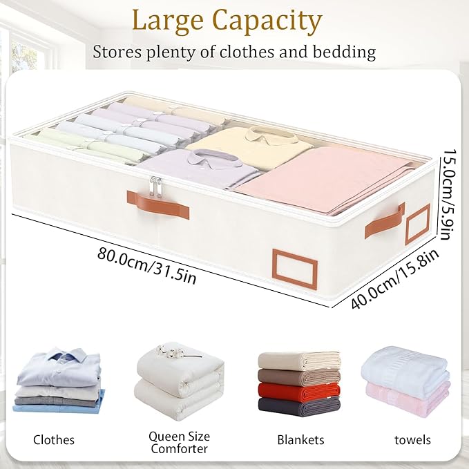 Yawinhe Under Bed Storage, 4 Pack Closet Organizers, Collapsible Container Bags, with Sorting Card Slot and 4 Leather Handles, for Blanket, Bedding, 23.6''Lx11.8''Wx6''H, Beige