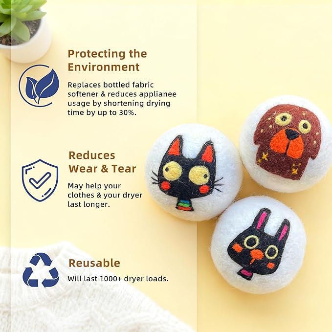 Reusable Wool Dryer Balls, 3.2-inch Handmade Felted Wool Balls (3-Pack), Softens Clothes, Naturally Reduces Drying Time and Static Electricity