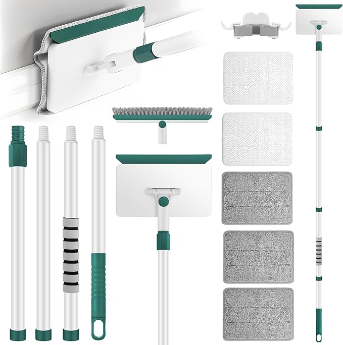 Baseboard Cleaner Tool with Handle, 60" Extendable Long Handle Baseboard Cleaner with 5 Reusable Pads for Baseboards Cleaning, Ceiling, Wall, Floor, Bathroom, Kitchen