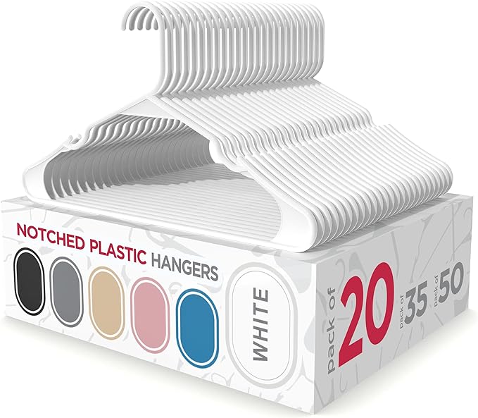 Sharpty - Plastic Hangers - Adult Clothes Hangers - T-Shirt, Dress, Coat Hangers & Accessories - Notched Hanger, Durable & Versatile Color Clothing Closet Hanger(20-Pack ,White)