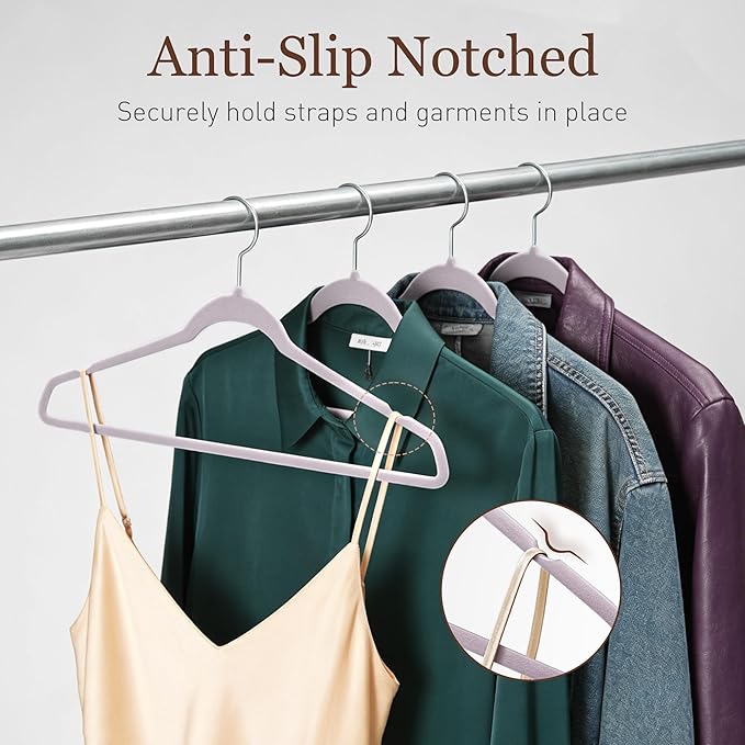 Velvet Hangers 50 Pack, Slim Non-Slip Clothes Hangers Space-Saving for Closet, Heavy Duty for Pants, Coats, Skirts, Jeans, Sweaters and More, Nylon-Flocked, Light Purple