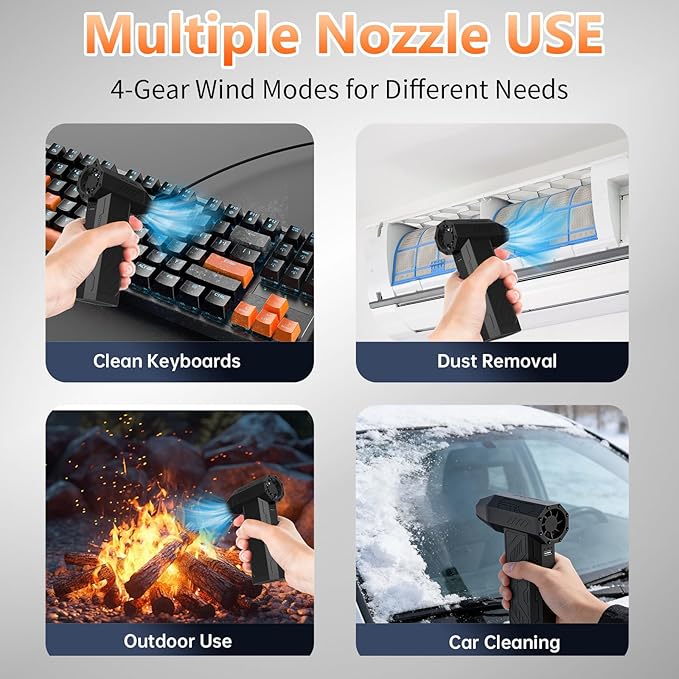 Electric Air Duster 4 Gear Adjustable 130000RPM Super Power Cordless Compressed Air Duster Rechargeable Brushless Blower 4 Nozzles 10 Brushes for Computer, Keyboards, Home, Cars and Outdoor