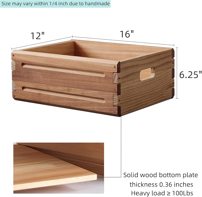 4 Pack Wooden Storage Bins of 16"x12"x6.25".Durable Open Solid Wood Box w/ Handles.Farmhouse Container Shelf Baskets. Multipurpose Home Décor Organizer Crates for Display,Pantry,Book,CD