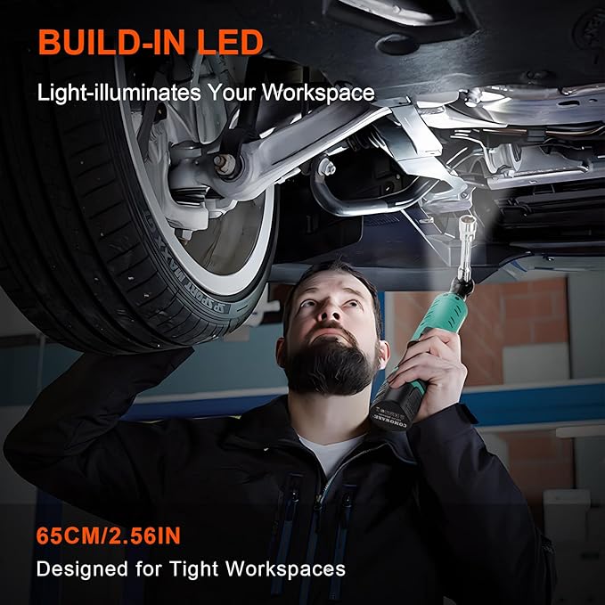 COMOWARE 3/8 Cordless Electric Ratchet Wrench Kit, 40ft-lbs Torque, 12V Power, 8 Sockets, LED Light, Fast Charger, Ergonomic Design