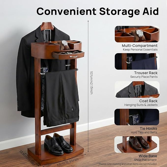 TFCFL Wooden Suit Rack with Drawer & Trouser Holder, Multi-functional Coat Stand for Hats/Scarves/Belts, Space-Saving Standing Suit Valet Stand for Home/Office, 22lbs Load Capacity (Brown)